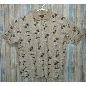Van Heusen Palm Trees Polo Shirt Size XL Beige Tan Short Sleeve Collar Shirt